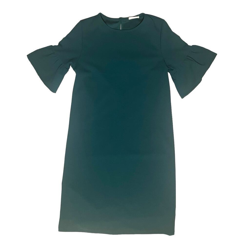 Les Amis Boutique Green Shift Dress Ruffle Short Bell Sleeve Size Medium Knee - Picture 11 of 13